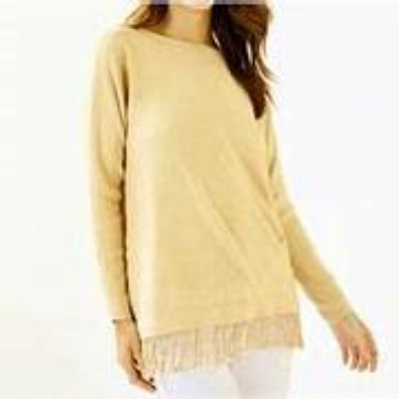 Lilly Pulitzer Glenda Coolmax Fringe Sweater In Heathered Sand Bar - Picture 1 of 6